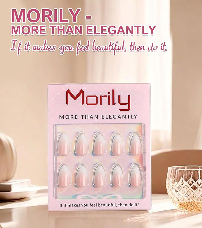 Morily 30Pcs Press on Nails Short Almond, Ombre Pink Fake Nails Acrylic False Nail Tips Reusable Full Cover Stick on Nails for Women - 15 Sizes