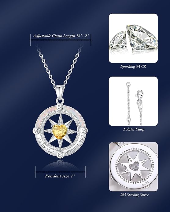 FANCIME Compass Necklace for Women Sterling Silver Compass Jewelry Opal Pendant Fine Jewelry Gemstone Birthday Christmas Gifts for Wife