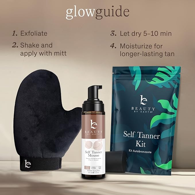 Self Tanner Tanning Mousse Kit - USA Made with Natural & Organic Ingredients, Self Tanner Mousse and Mitt, Tan Kit, Fake Tan Tanning Foam, Fair to Medium, Sunless Tanners Best Sellers