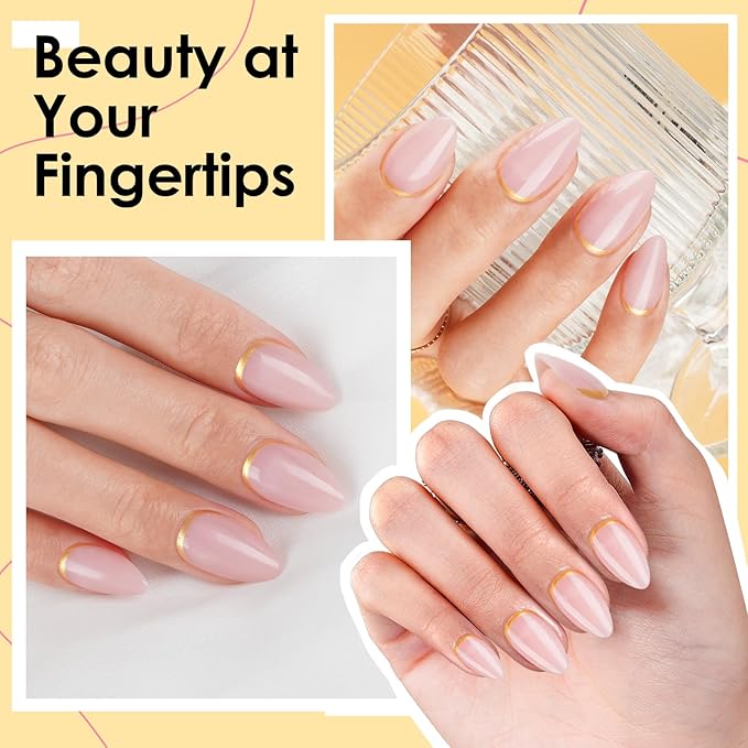 Canvalite Press On Nails Almond, Short Press on Nails Gold French Tip Reusable Acrylic Fake Nails with Glue & Glue Remover Easy to Use 30Pcs Manicure Kit for Women