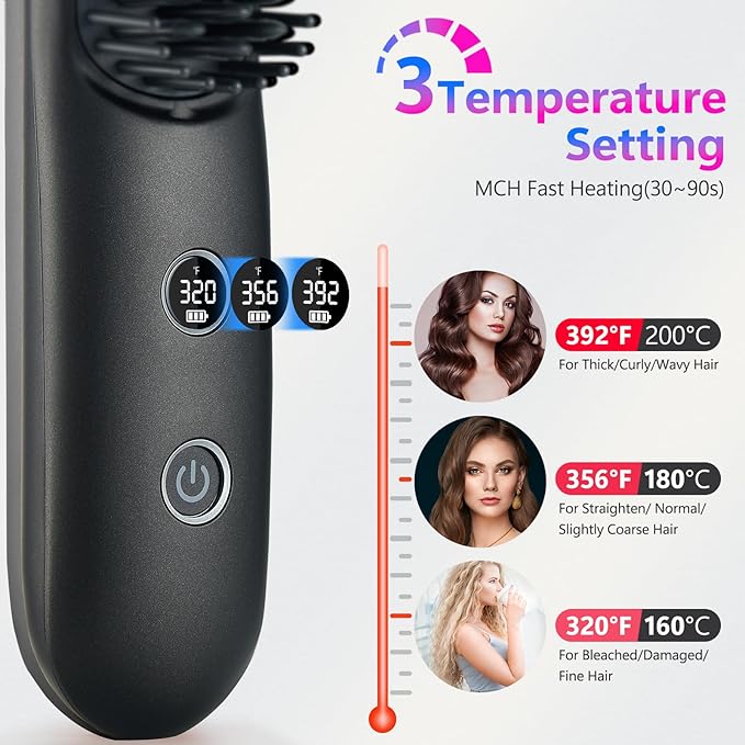 STUDLLY LCD Screen Cordless Hair Straightener Curler 2 in 1, Portable Mini Hair Straightening Brush for Travel Negative Ionic Fast Heating Hot Comb for Women, Folding Brush with Mirror, Black