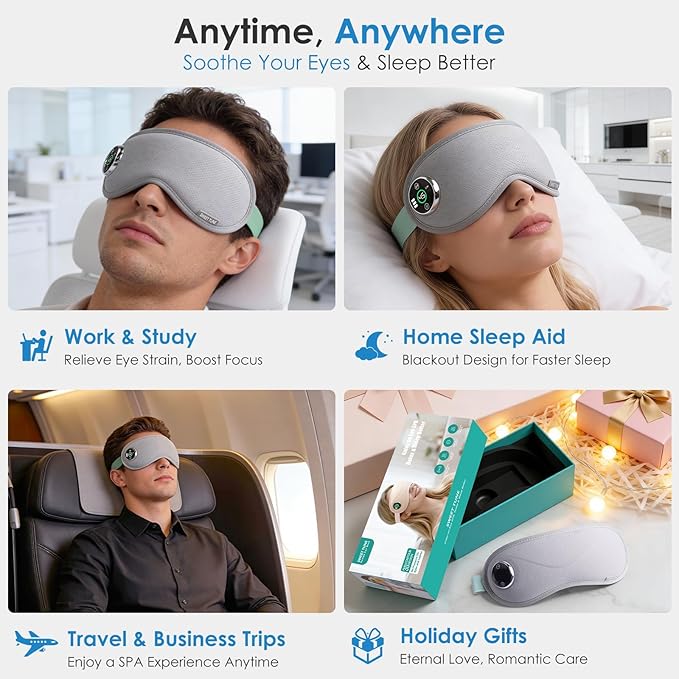 Heated Eye Mask with Massager, 3D Contoured Light-Blocking Sleep Mask for Dry Eyes, LED Display & 3-Level Heat/Vibration Modes,Gift for Men & Women, Ideal for Home, Office & Travel Use (Grey)