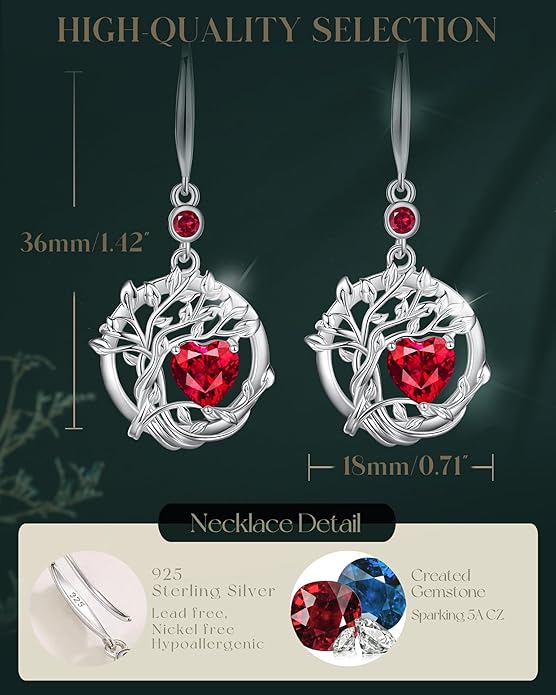 FANCIME Tree of Life Dangle Drop Earrings 925 Sterling Silver Dainty Round Gemstone Birthstone Earring Fine Jewelry Birthday Christmas Gifts for Her Women