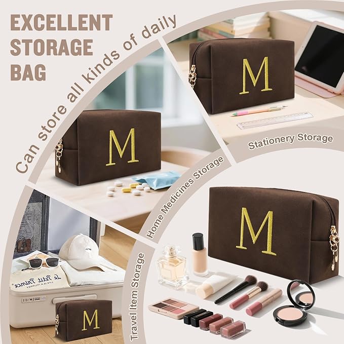 Personalized Initial Makeup Bag,Preppy Suede Cosmetic Bag for Teen Girls,Small Monogram Travel Toiletry Bag With Gold Embroidered Letter,Trendy Stuff Custom Christmas Gift for Women(Coffee-M)
