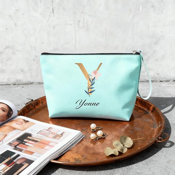 Personalized Makeup Bag Initial&Birth Flower Custom Small Travel Cosmetic Bag with Name Cute Makeup Bag for Women Girls