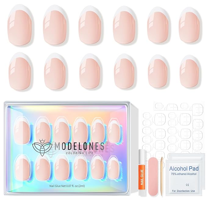 modelones French Tip Press On Nails, Short Oval Fake Nails Press Ons with Nail Glue, Adhesive Tabs, Nail File, Prep Pad, Manicure Stick, 32Pcs 16 Sizes, Nude, Valentines