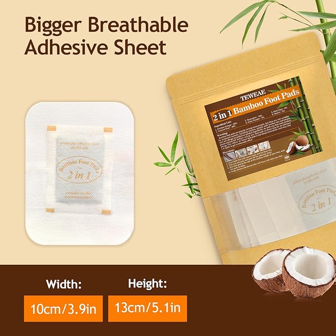 TEWEAE Bamboo Foot Pads for Better Sleep, 64 Pads- One-Piece Design Natural Herbal Patches-No Off - Improves Sleep and Relaxation - Premium Foot Care Good Night Foot Patches (2 in 1 Design)