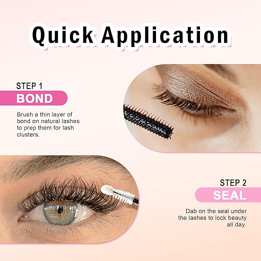 Lash Bond and Seal Waterproof, Cluster Lash Glue Bond and Seal Lash Glue, Strong Hold 72h for Eyelash Clusters, Latex Free Sensitive Eyes Available 10ML (Pack of 2)