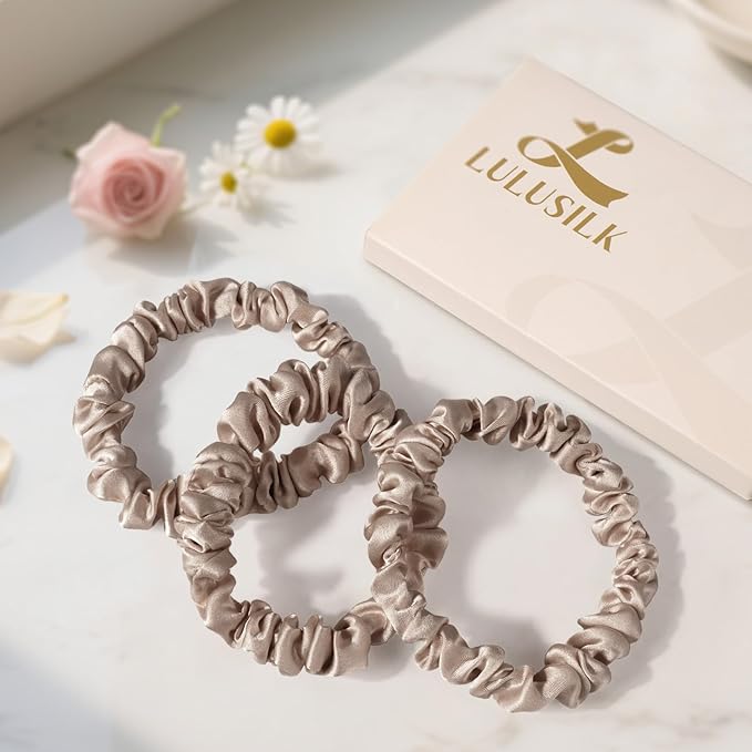 LULUSILK Small Silk Hair Ties No Damage, 100% Real Mulberry Silk, Skinny Scrunchies Ponytail Holders for Thin Fine Hair, Brown, Pack of 3