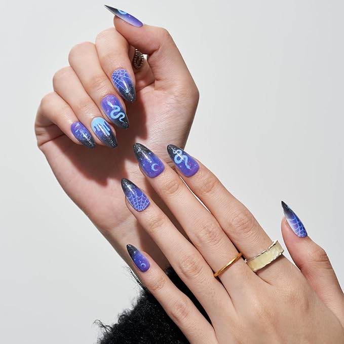 GLAMERMAID Press on Nails Medium Almond, Winter Gothic Black Blue Ombre Snake Gel Glue on Nail, Glossy Short Stiletto Reusable UV Finish Emo Fake Nails, Acrylic False Nails Manicure Kits for Women