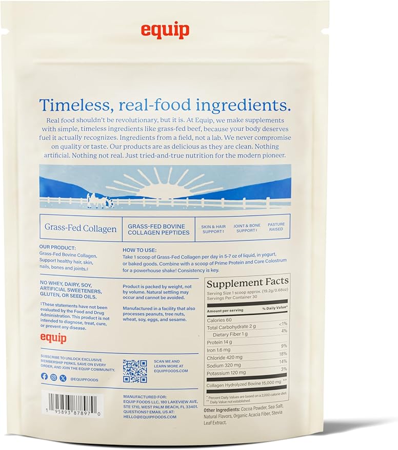 Equip Foods Grass Fed Collagen Powder | Hydrolyzed Bovine Collagen Peptides with Amino Acids | Prime Beef Collagen for Healthy Joints, Skin & Nails | Non-GMO, Paleo Friendly | 30 Servings, Chocolate