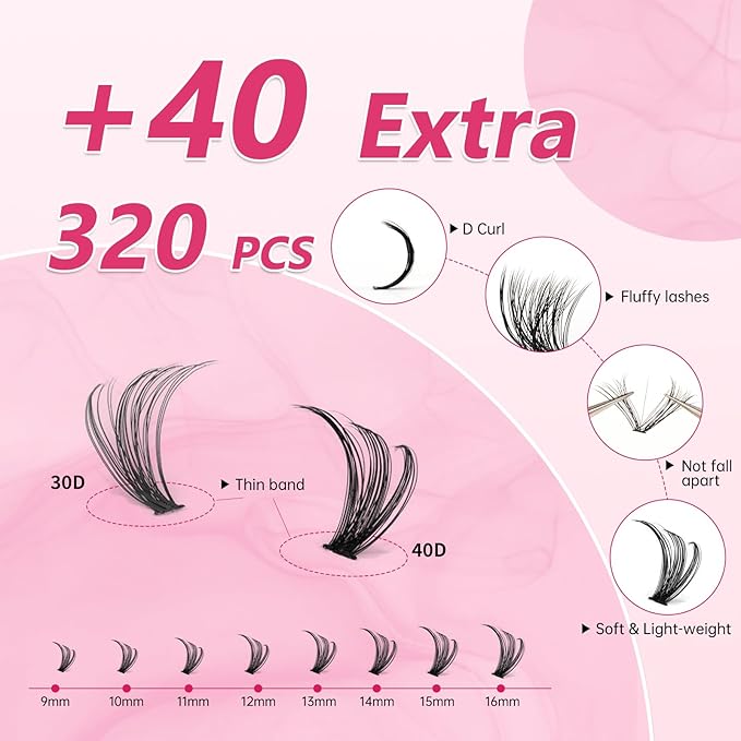 URNNE Lash Clusters 30D+40D 320pcs Eyelash Clusters 9-16mm Wispy Individual Lashes D Curl Cluster Eyelash Extensions DIY Lash Extension for Self(LD12)