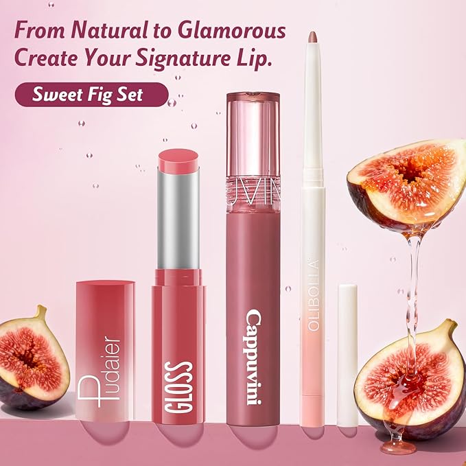 3PCS Lip Combo Set - Matte Lip Liner Pencil + Hydrating Tinted Lip Balm + Juicy Lip Gloss Tint, Non-Sticky, Long-Lasting, High Pigment Lip Makeup Kit (Sweet Fig Set)