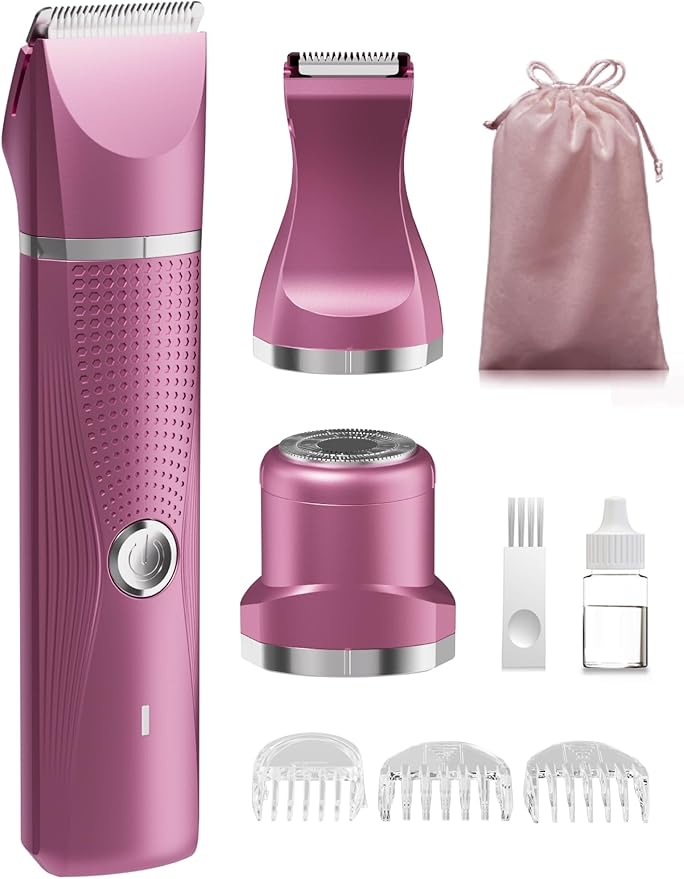 Pubic Hair Trimmer for Women-Unibono Bikini Trimmer, Replaceable 3-in-1 Electric Razors for Women, Electric Shaver in Poweverful Motor, Waterproof Personal Trimmer for Body Hair (Rose Red, RR-1)