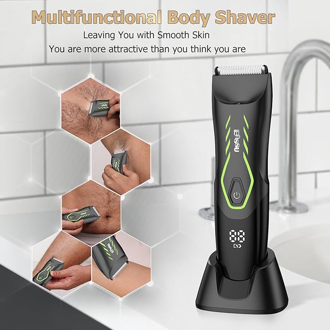 ENSSU Manscape Body Hair Trimmer for Men, Pubic Groin Hair Trimmer for Men with Safe Blade, Cordless Ball Shaver w/Light, Charging Dock, Waterproof Body Groomer Man, LED Display, 1H Charge,Green