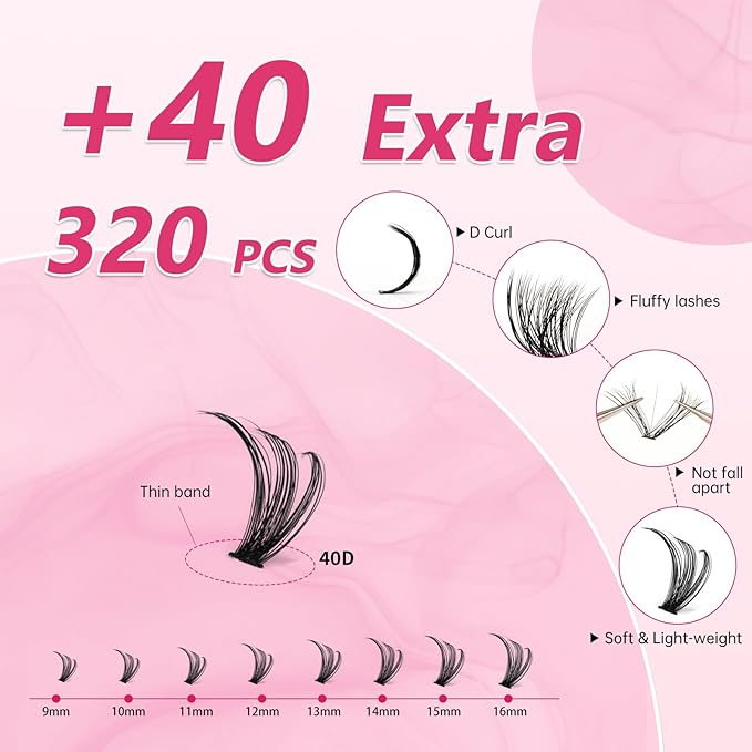 URNNE Lash Clusters 40D Eyelash Clusters 9-16mm Wispy Individual Lashes D Curl Cluster Eyelash Extensions 320pcs DIY Lash Extension (LD11)