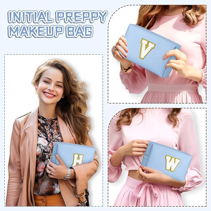 TOPEAST Preppy Stuff Cute Makeup Bag Small Cosmetic Bag Travel Toiletry Bag, Personalized Birthday Wedding Gifts for Mom Teacher Friends Bridesmaids, Preppy Travel Stuff for Girls (Sky Blue N)