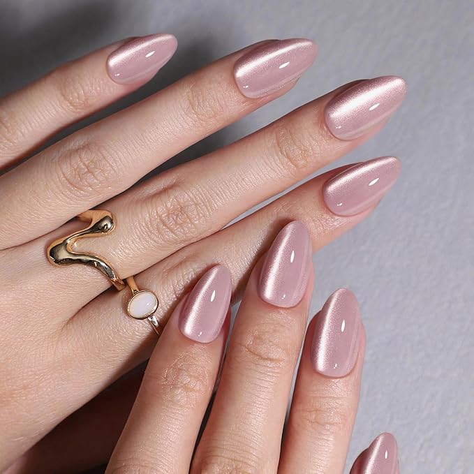 SHANGMENG Pink Cat Eye Press on Nails Short - Soft Gel Press on Nails Almond for Women Gift, Fit Perfectly & Natural Glue on Nails in 16 Sizes - 32 Reusable Fake Nails with Glue, Beige Pink