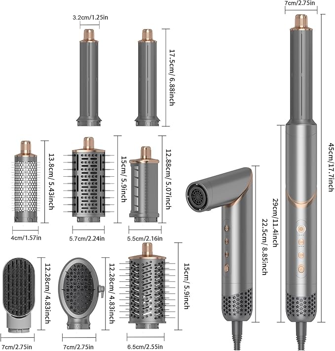 8 in 1 Hair Styler Curler & Air Dryer Brush, High-Speed Negative Ionic Foldable Hair Dryer Fast Drying, Multi Professional Hot Air Styler for Curling Volumizing Straightening Styling(Grey)