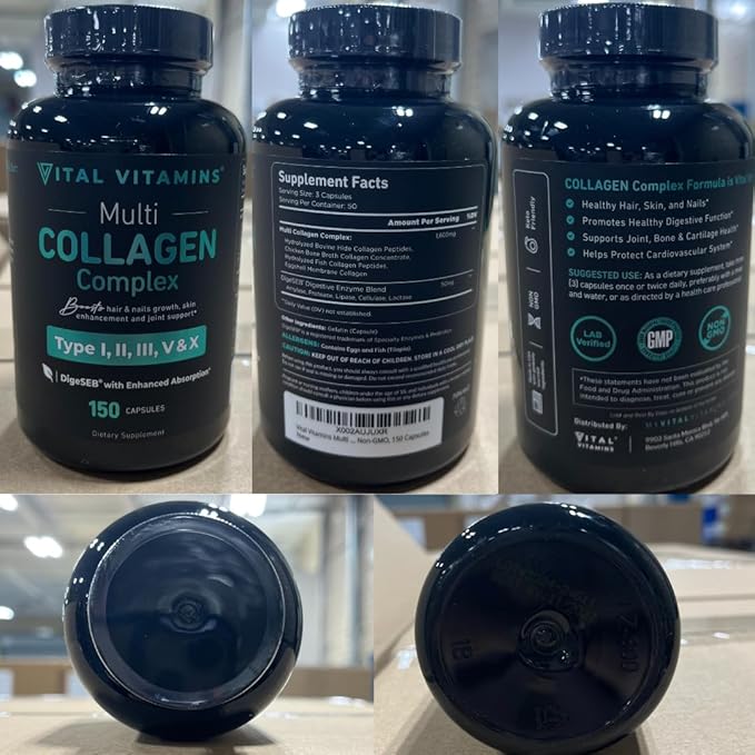 Vital Vitamins Multi Collagen for Women & Men - Type I, II, III, V, X - Grass Fed, Non-GMO - 150 Capsules