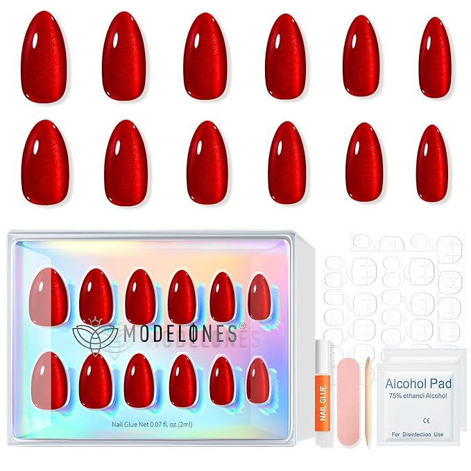 Modelones Red Cat Eye Press on Nails Almond, Valentines Short Fake Nails, Reusable Nail Kit with Nail Glue Adhesive Tabs Mini Nail File, Nails Press Ons 32Pcs 16 Sizes, Women Girl Gift
