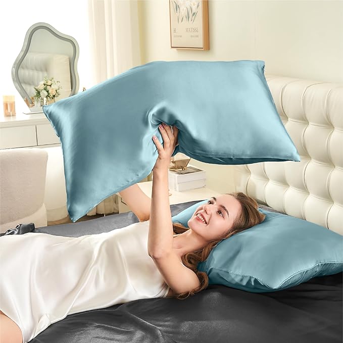 INFIIXSO Mulberry Silk Pillow Cases King Size Set of 2, Silk Pillowcase with Hidden Zipper 20"x36", Extraordinary Smooth and Soft Pillow Case for Hair and Skin(Haze Blue, 2 Pack)