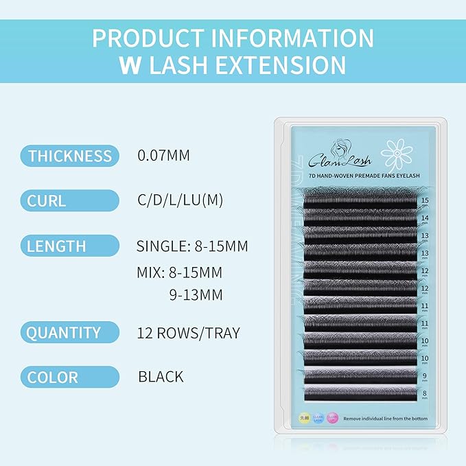 GLAMLASH W Eyelash Extensions 7D Russian Volume Premade Fan Natural Soft Matte Black False Lashes Professional Salon Supplies(7D,0.07,D,10mm)