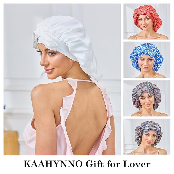 Silk Satin Bonnet for Sleeping Hair: Women Sleep Night Wrap Cap for Straight Wavy Curly Coily Kinky Natural Hair Head by Tie Band - Pure White Dould Side