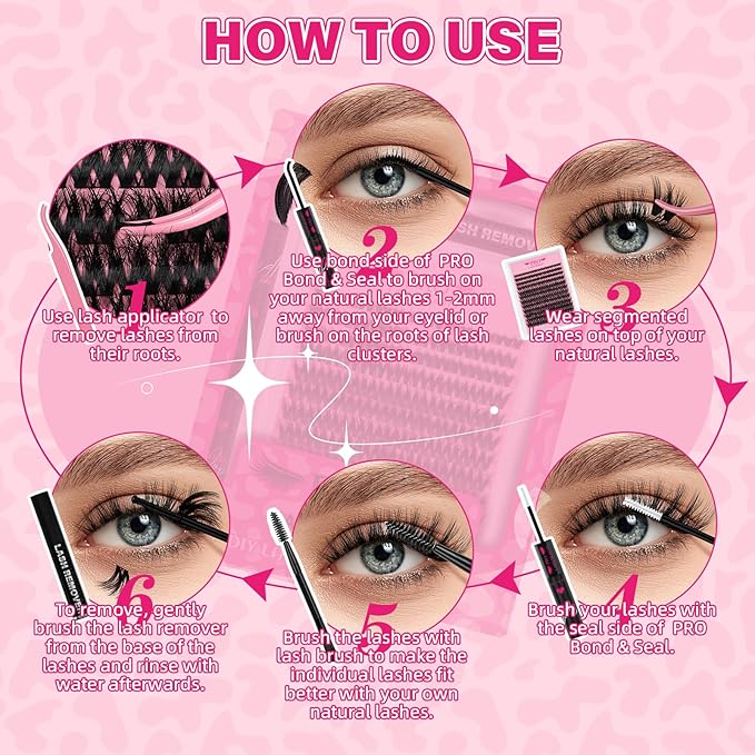 PROLASHBEAUTY Lash Clusters Kit 3D Volume Lash Clusters 144Pcs Eyelash Clusters DIY Lash Extension Kit with Lash Bond and Seal Lash Remover Applicator (Sunrise,8-18mix)