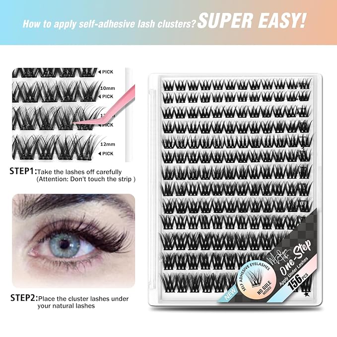 Madam Fifi 156 PCS Self-Adhesive Lash Clusters – No Glue Needed, Sticky Strip Individual Lashes for DIY Lash Extensions, Natural Look, Super Hold