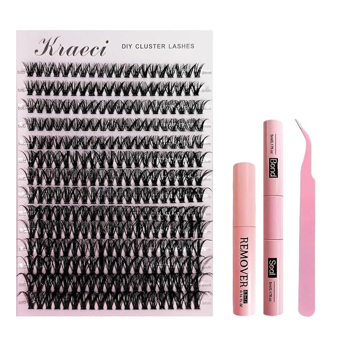 Kraeci Lash Extension Kit DIY with Adhesive Remover for Safe Removal, 280 Clusters 9-16mm, 50D Volumes, Bond Glue, Sealant, Tweezers, Home Use Eyelash Starter Kit