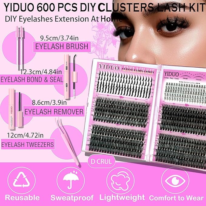 YIDUO Lashes Clusters Kit Bottom Lashes Clusters with Spikes Wispy Manga Volume Thick Individual Lash D Curly Cluster Eyelash 600pcs Cluster Eyelash Extensions with Lash Bond and Seal Tweezers Remover