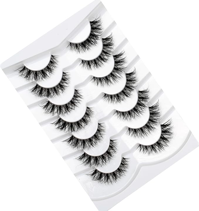 Pooplunch False Eyelashes Wispy Cat Eye Lashes Natural Short 8D Faux Mink Lashes Fake Eyelashes Strips 7 Pairs Pack