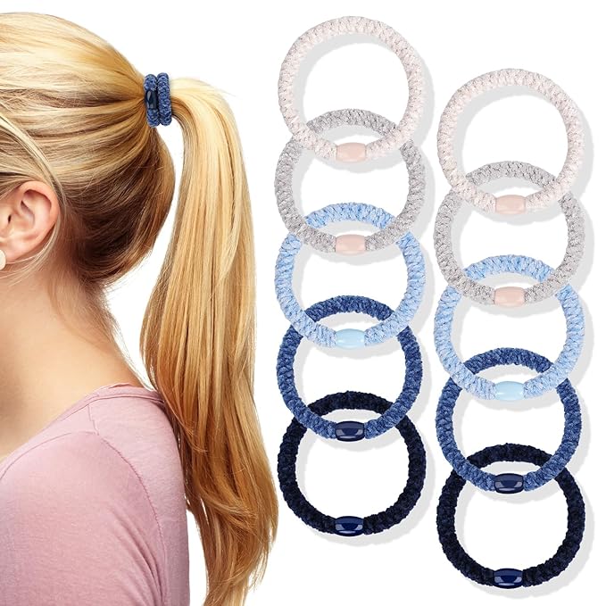 Braided Hair Ties No Damage, 10 Pcs Soft Plush Hair Bands for Women's Hair, Bracelet Hair Elastics & Ponytail Holders for Thick Hair - Light Blue