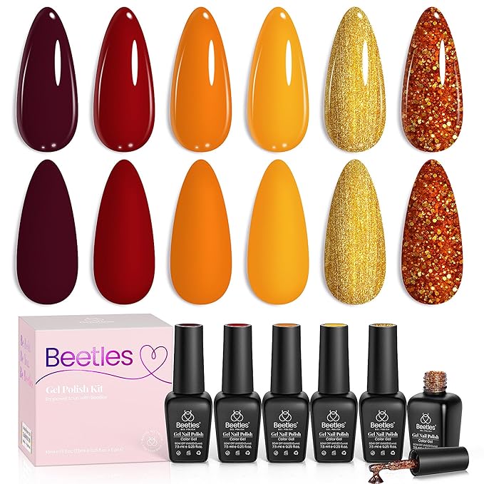 Beetles Fall Gel Nail Polish Set 6 Colors Gel Polish Red Orange Brown Gold Glitter Kit DIY Home Nail Art Manicure Kits UV LED Needed Gifts for Women Golden Blessing