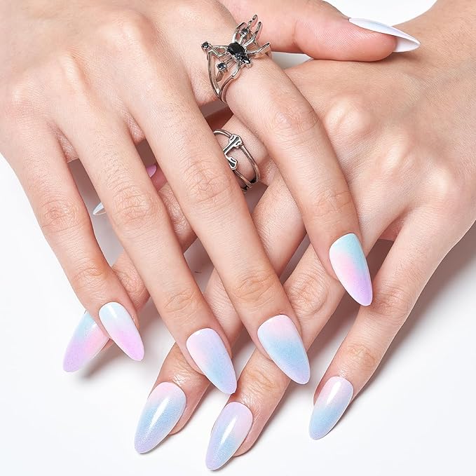 GLAMERMAID Press on Nails Medium Almond, Purple Blue Ombre Gel Glue on Nail, Colorful Cloud Glossy Short Stiletto Reusable UV Finish Fake Nails, Hazy Acrylic False Nails Manicure Kits for Women
