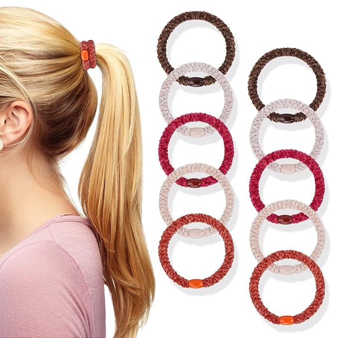 Braided Hair Ties No Damage, 10 Pcs Soft Plush Hair Bands for Women's Hair, Bracelet Hair Elastics & Ponytail Holders for Thick Hair - Ember Glow
