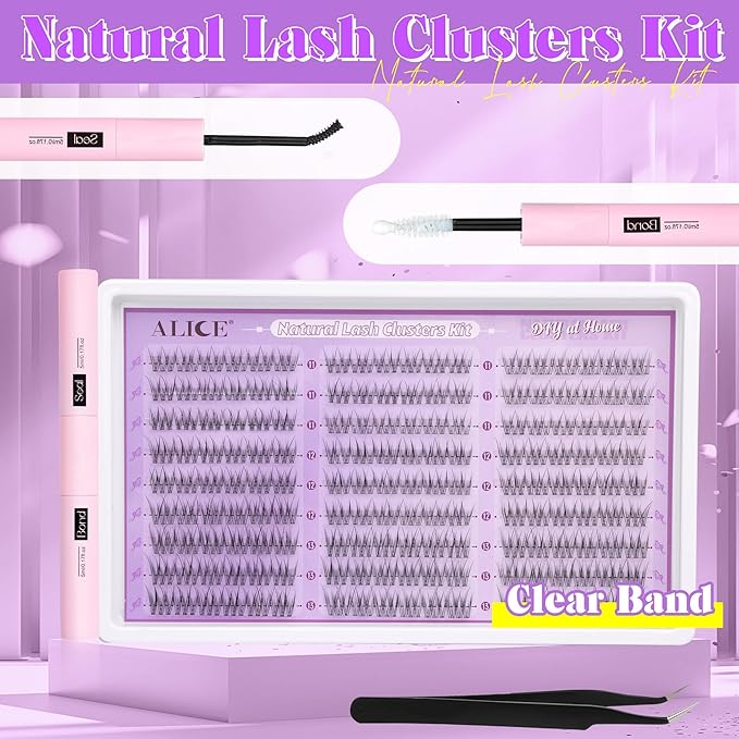 ALICE Natural Lash Clusters Kit Clear Band Wispy Lash Extension Kit Cluster Eyelash Extension Kit 162pcs C Curl 11-13mm Individual Lashes with Lash Glue Bond and Seal and Tweezers DIY at Home
