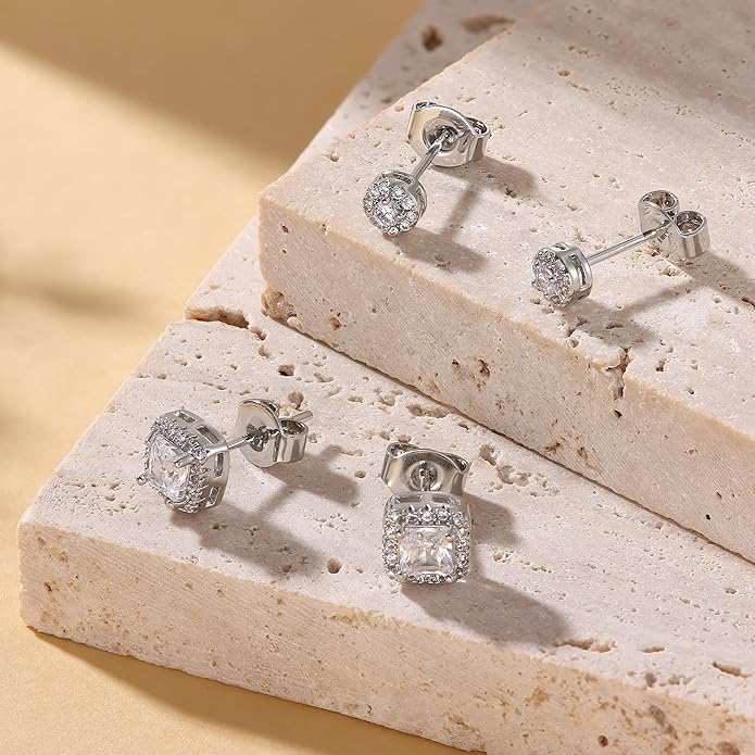 Hayoso 18K Gold Plated Halo Stud Earrings 925 Sterling Silver Cubic Zirconia Stud Earrings Round Square Diamonique Stud Earrings Set for Women Men