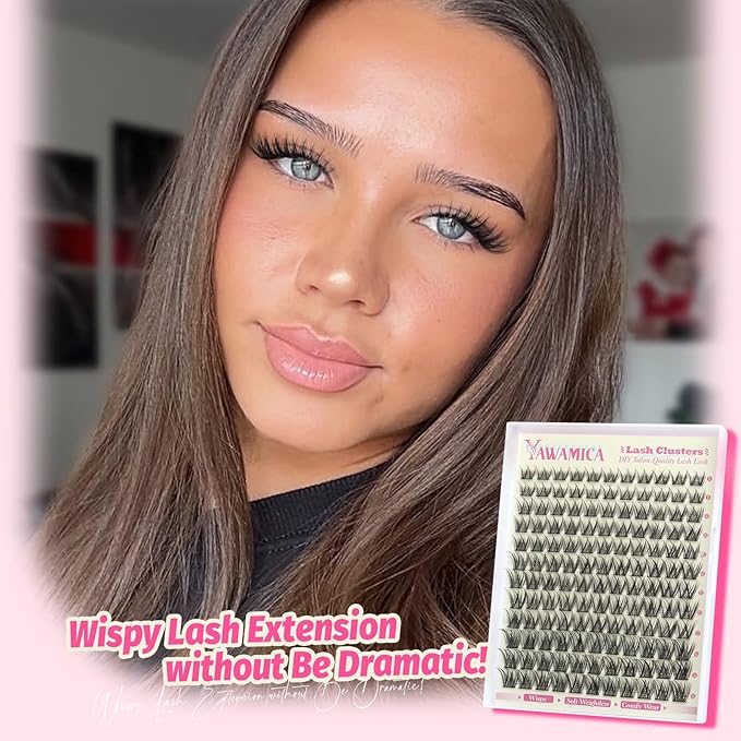 Yawamica Wispy Lash Clusters Kit DIY Lash Extension Kit 8-14mm Eyelash Clusters Natural Cluster Eyelash Extensions D Curly Individual Lashes 144 Clusters Lashes with Waterproof Bond and Seal Tweezers
