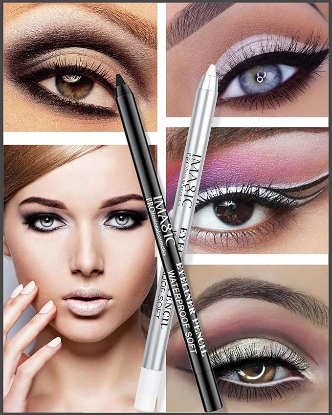 Black & White Waterproof Gel Eyeliner Pens, White Highlighter Eye Liner Pencil, Matte Long Lasting Super Smooth formula Eye Liner Eyeshadow Makeup Pencil, Gift Set for Women(3Pcs)