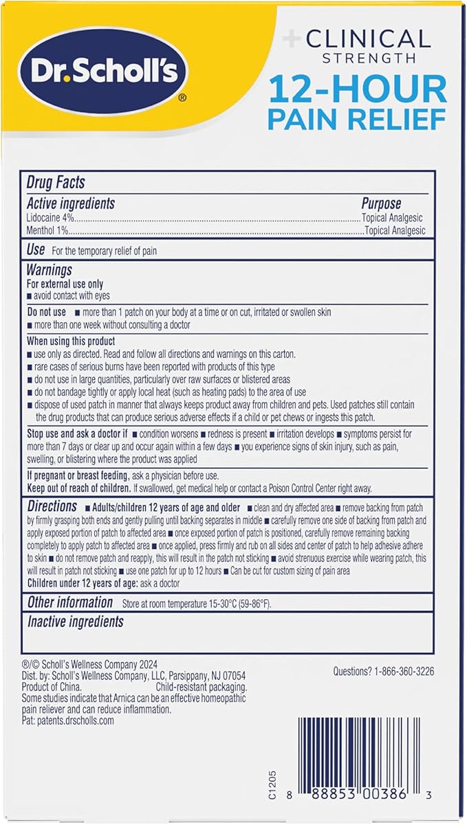 Dr. Scholl’s Clinical Strength 12-Hour Pain Relief Hydrogel Patches 10ct - 4% Lidocaine for Powerful Numbing, Instant Cooling Pain Relief with Menthol, Added Arnica, for Hands, Feet, Neck, Back & Legs