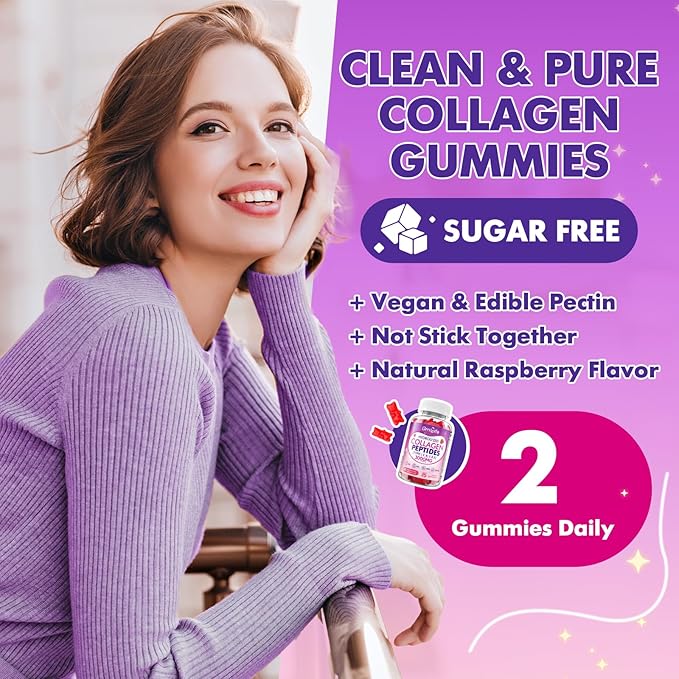 Collagen Gummies for Women & Men Sugar-Free, Hydrolyzed Collagen Peptides with Antioxidant Blend & Digestive Enzymes, Multi Collagen (Type I,II,III,V,X) for Skin Hair Nails, Raspberry Flavor, 60 Count