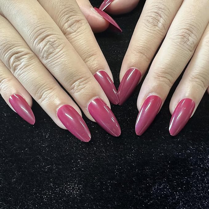 JONKASIPA French Pointed Almond Fake Nails, Reusable Nail Sets, Red Fake Nails, Press On Nails for Women
