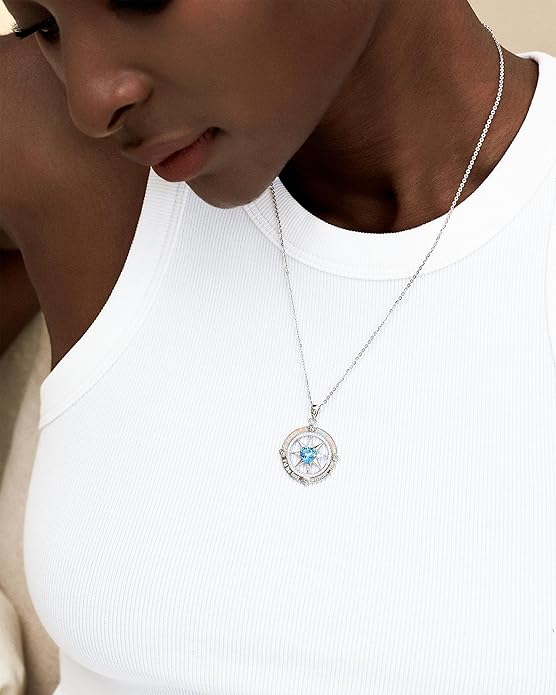 FANCIME Compass Necklace for Women Sterling Silver Compass Jewelry Opal Pendant Fine Jewelry Gemstone Birthday Christmas Gifts for Wife