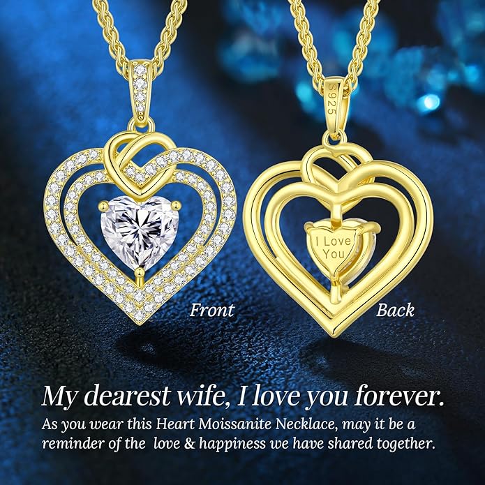 OOBEE Moissanite Heart Necklaces for Women, 1- 4 Carat Moissanite 925 Sterling Silver Gold Plating Fine Women Necklace,Ideal Anniversary Birthday Christmas Valentine Mothers Day Jewelry Gifts for Mom Wife Her Girlfriend
