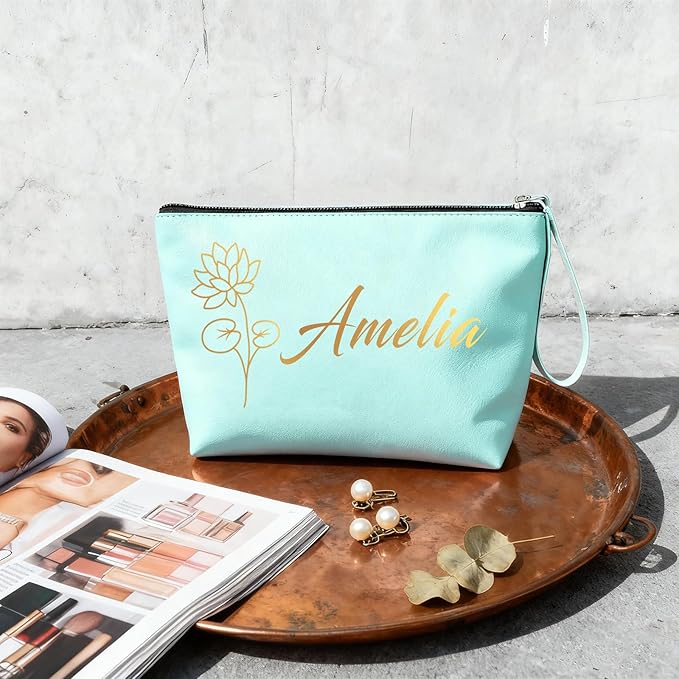 Personalized Makeup Bag Initial&Birth Flower Custom Small Travel Cosmetic Bag with Name Cute Makeup Bag for Women Girls