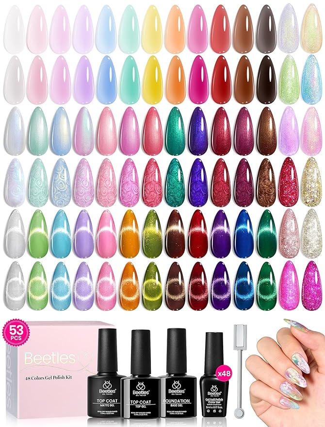 Beetles Gel Nail Polish Set - 53 Pcs 48 Colors Cat Eye Gel Nail Polish Pink Jelly Nude Red Green Blue Glitter Shell Shread Salon DIY Home UV LED Valentines Gifts for Women Vivid Moments