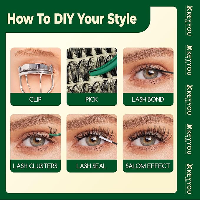 KEYYOU DIY Lash Extension Kit 300pcs Soft Lash Clusters 60D D Curl Easy to Apply with Lash Bond and Seal Lash Applicator Lash Remover Eyelash Extension Kit at Home(RMkit-60D-D-9-18mix)
