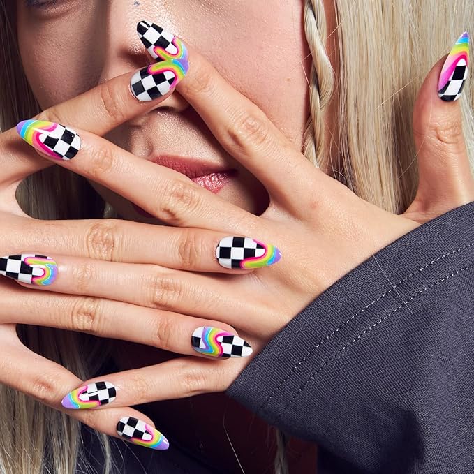GLAMERMAID Rainbow Press on Nails Medium Almond, Y2K Rainbow Crush Gel Glue on Nail with Checkerboard Color, Glossy Short Stiletto Reusable Fake Nails, Acrylic False Nails Manicure Kit for Women